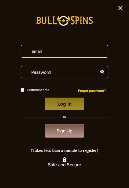 Bullspins login form with email and password fields