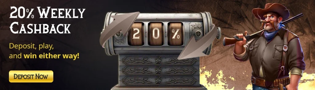 Bullspins Casino 20% weekly cashback banner with cowboy and slot machine