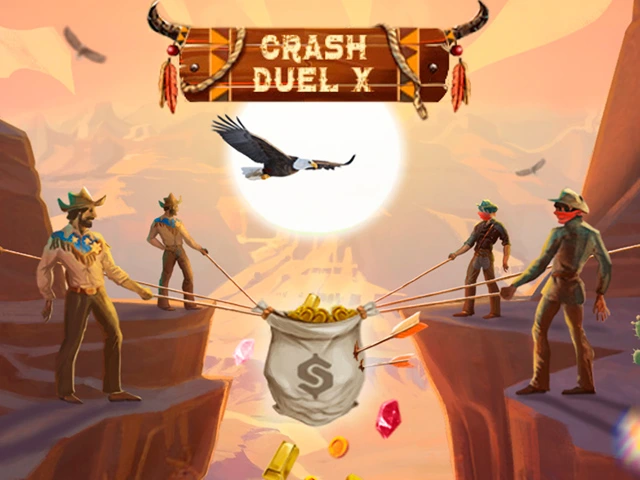 Crash Duel X illustration: four cowboys pull a money bag over a canyon