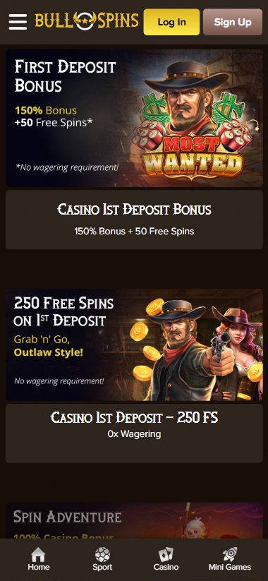 Bullspins Casino 150% bonus and 250 free spins on first deposit