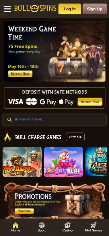 Bullspins Casino mobile screen showing safe payment methods: Visa, Mastercard, Google Pay, Apple Pay