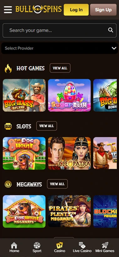 Bullspins Casino mobile screen showing hot games, slots, and megaways sections