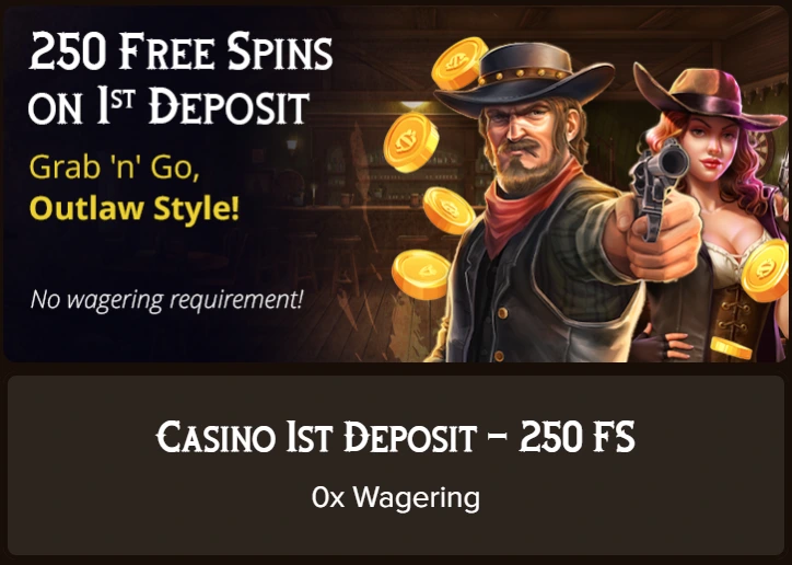 Bullspins Casino 250 free spins on 1st deposit, outlaw style, no wagering