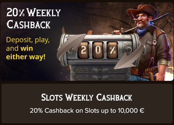 Bullspins Casino 20% weekly cashback banner with cowboy